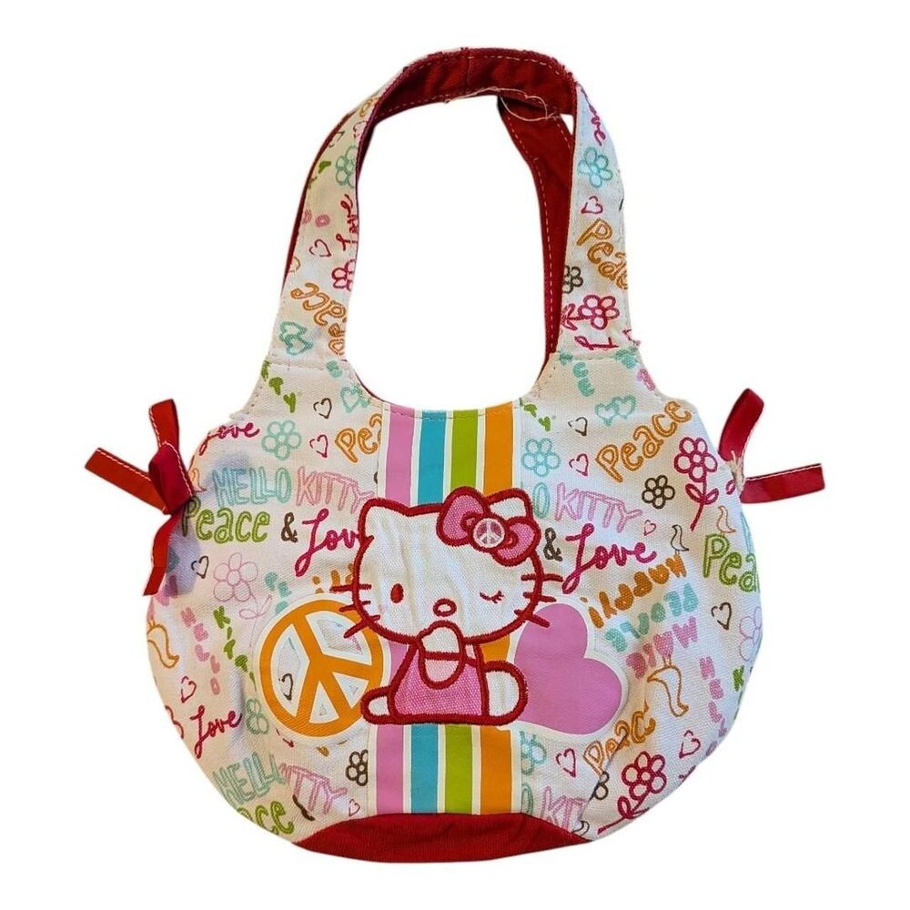 Y2K Hello Kitty Peace & Love Mini Bag Sanrio Rainbow Kawaii Red Pink Purse Japan